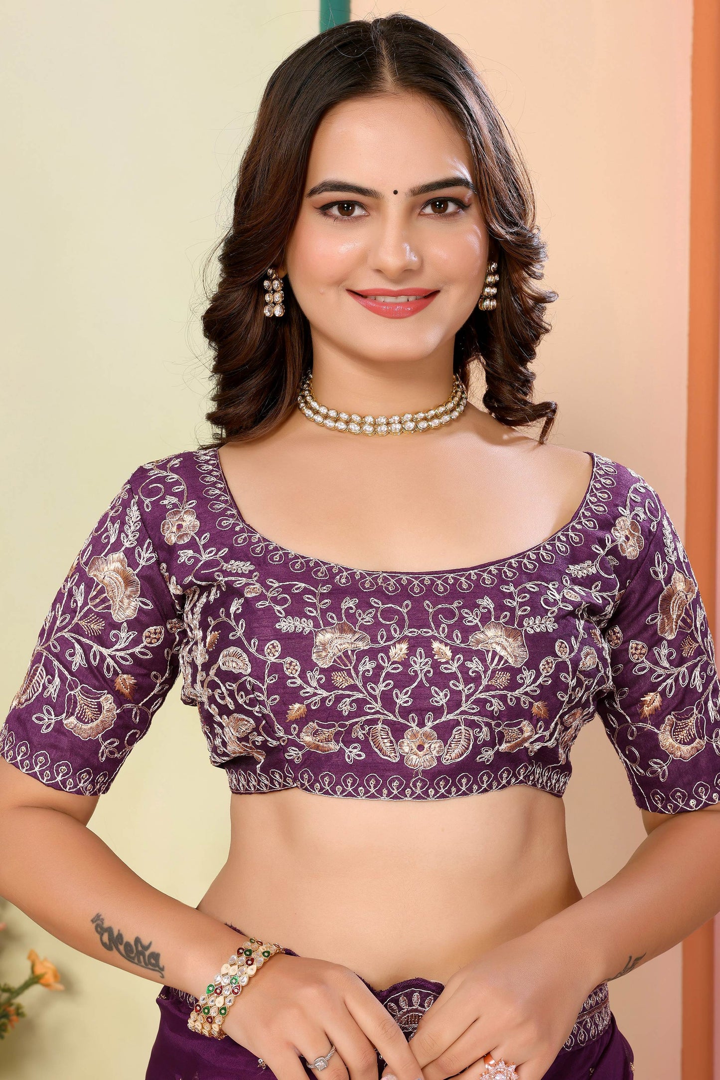 Alluring Wine Zari Embroidered Organza Party Wear Saree With Blouse