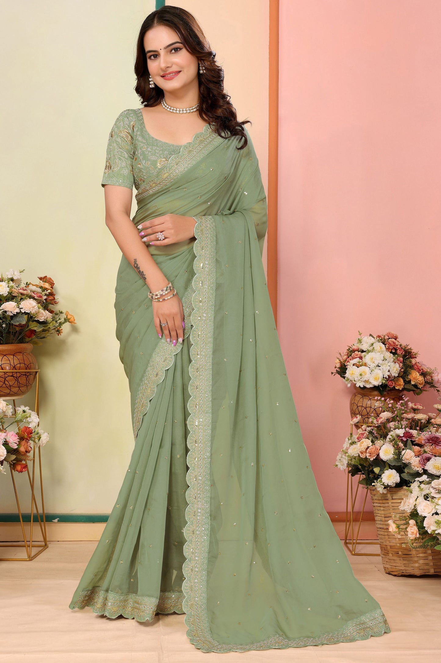 Pretty Pista Green Embroidered Festival Wear Saree With Blouse