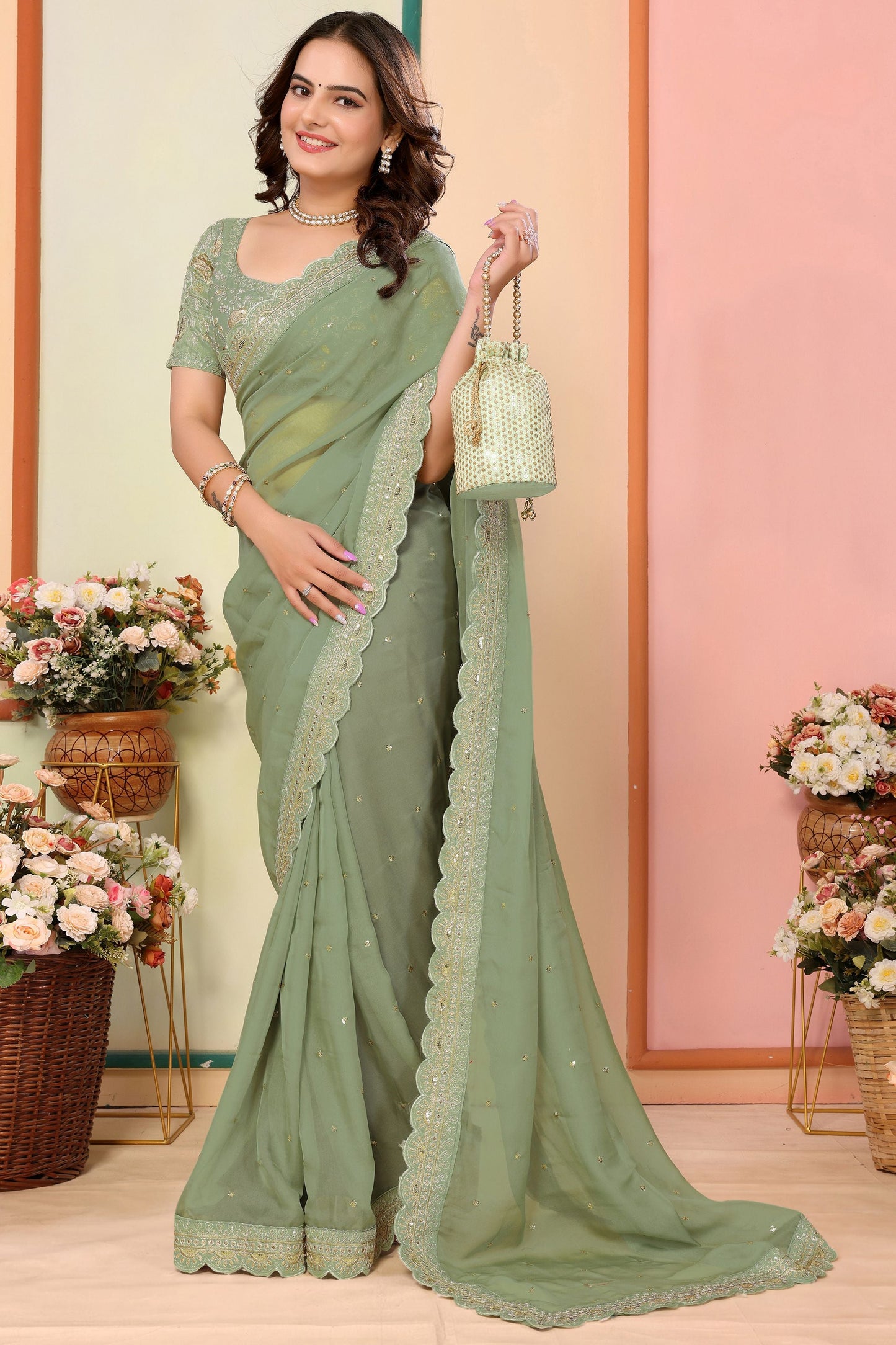 Pretty Pista Green Embroidered Festival Wear Saree With Blouse