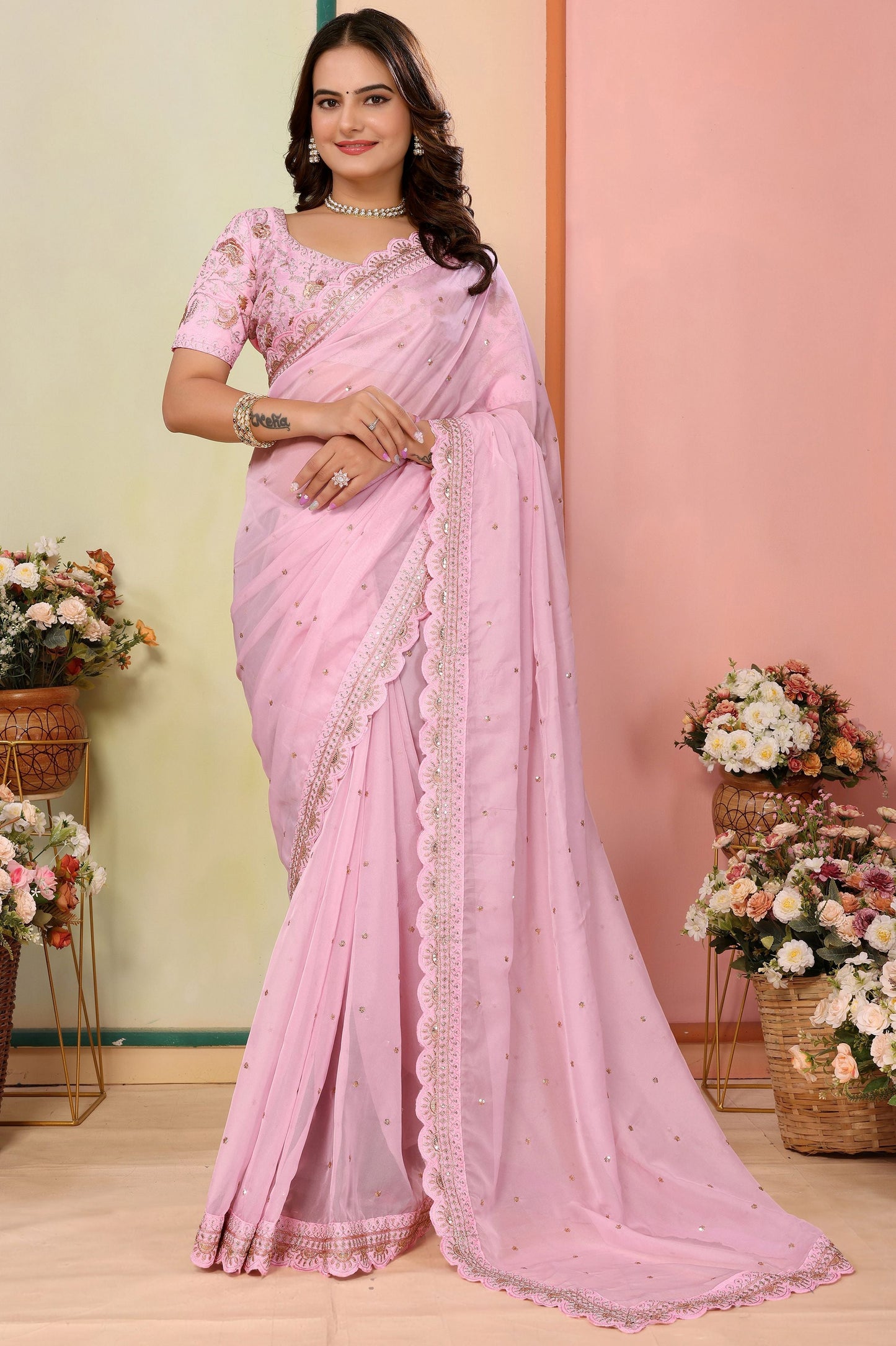 Gorgeous Baby Pink Sequins Organza Event Wear Saree With Blouse