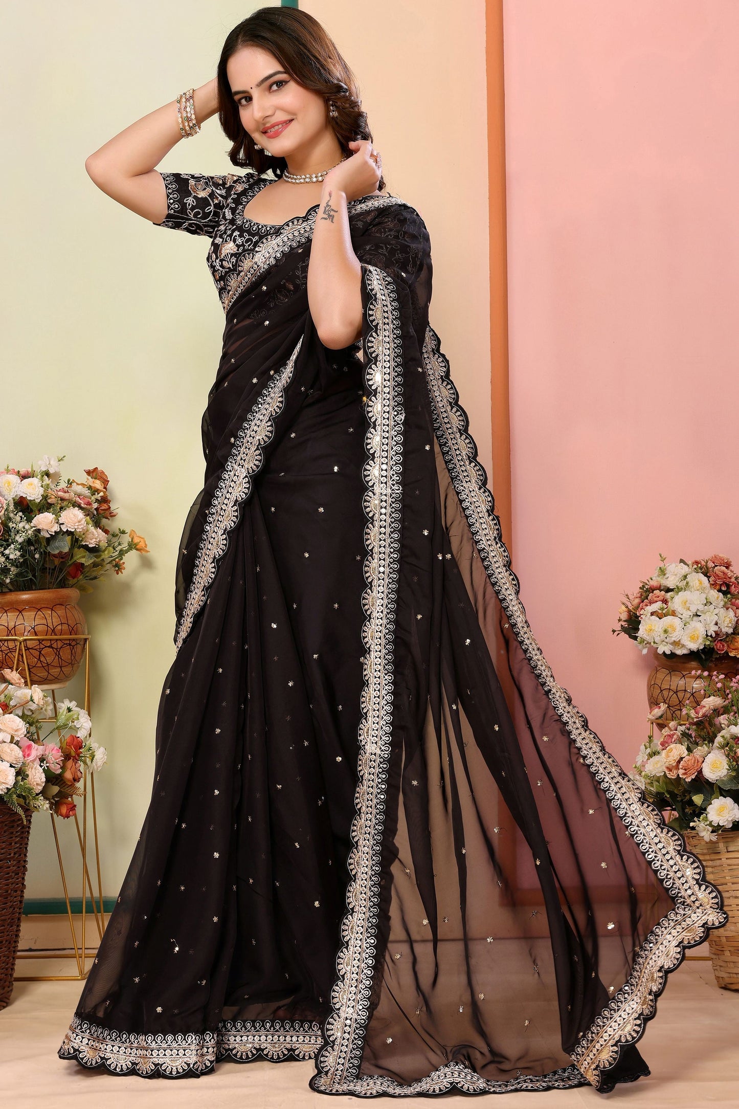 Bewitching Black Embroidered Organza Reception Wear Saree