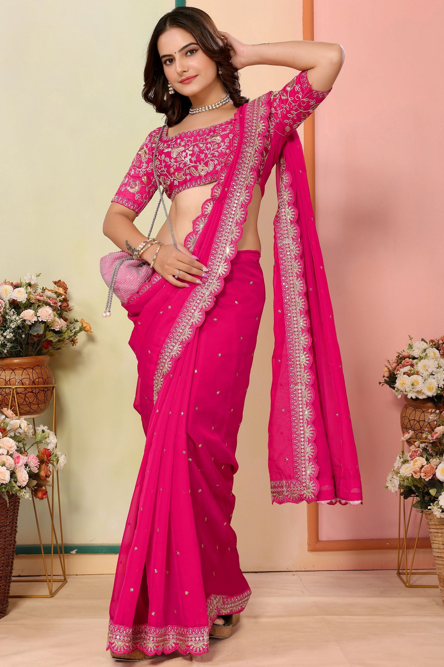Beautiful Hot Pink Embroidered Organza Engagement Wear Saree