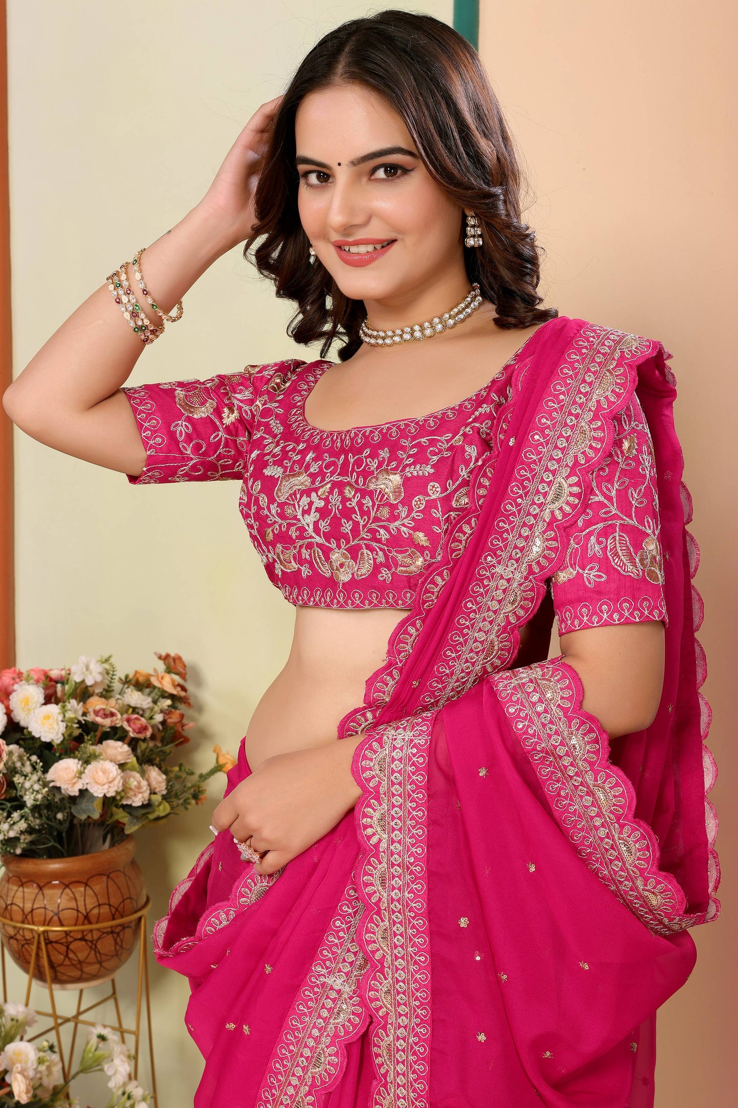 Beautiful Hot Pink Embroidered Organza Engagement Wear Saree