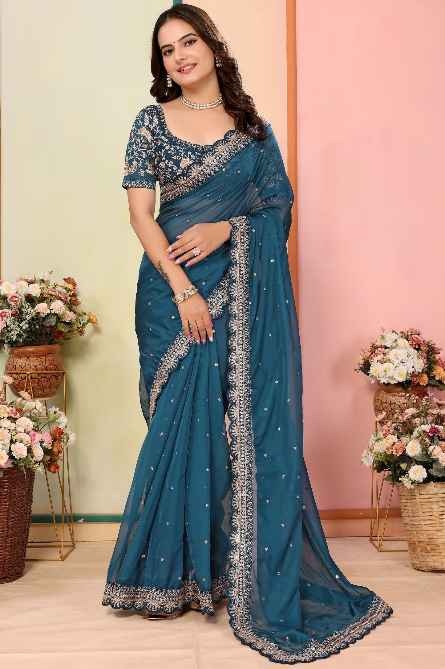 Tantalizing Blue Organza Sequins Wedding Wear Saree With Blouse