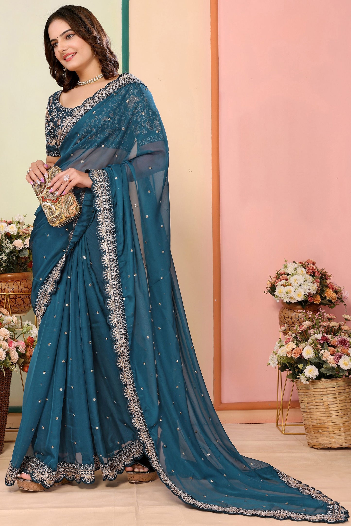 Tantalizing Blue Organza Sequins Wedding Wear Saree With Blouse