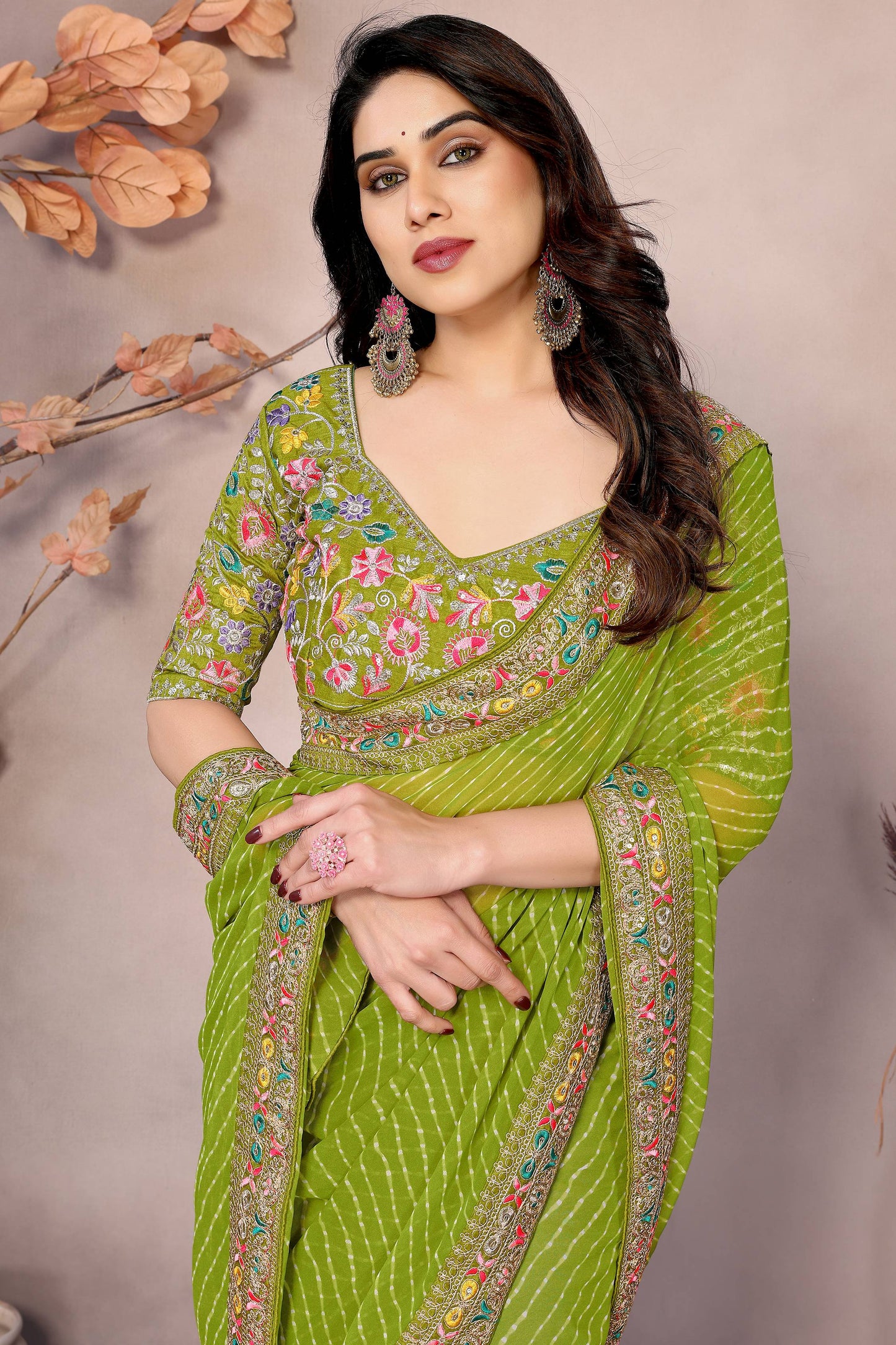 Cute Parrot Green Printed Georgette Event Wear Saree With Blouse