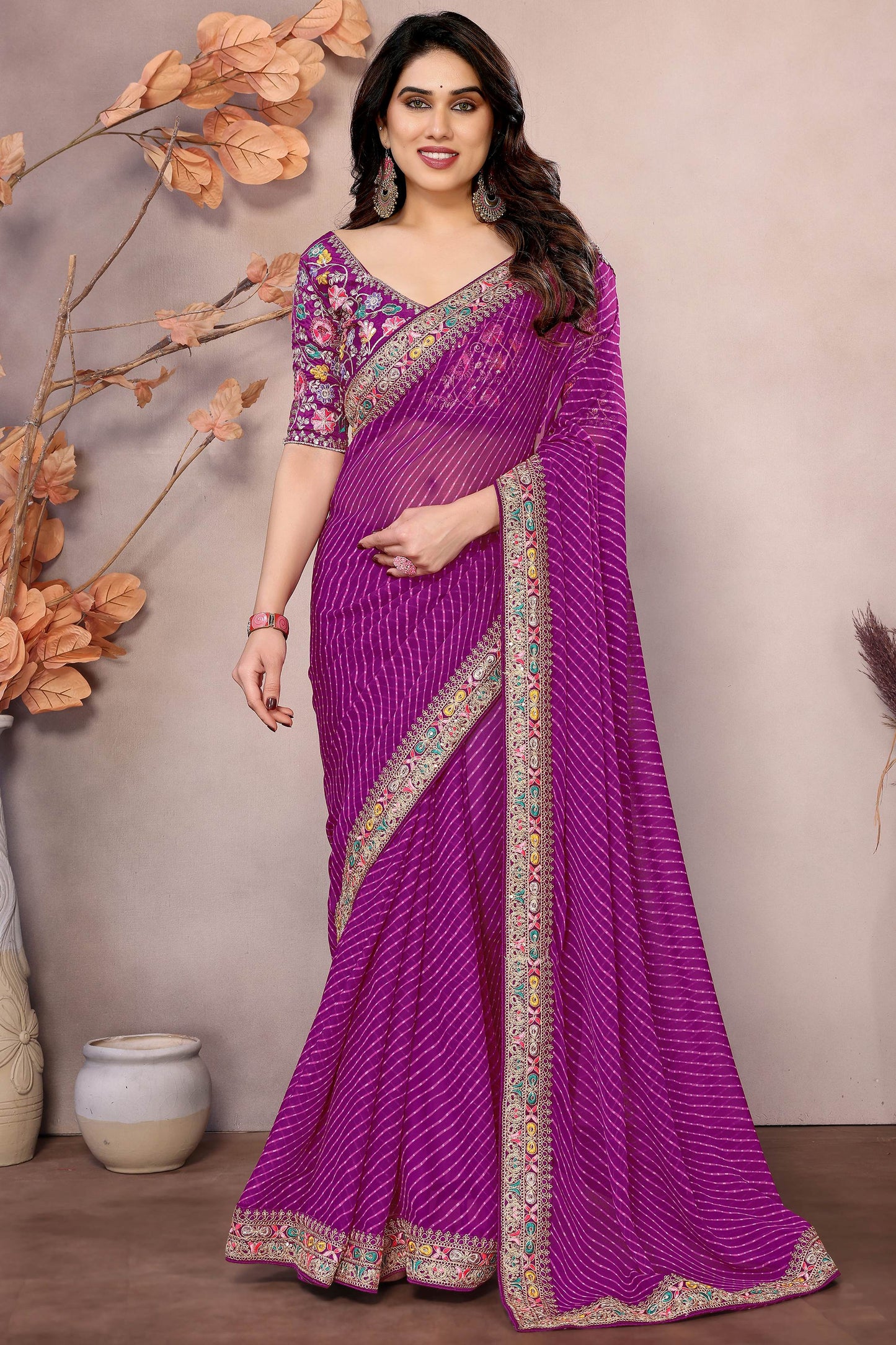 Glamorous Purple Leheriya Printed Georgette Traditional Saree