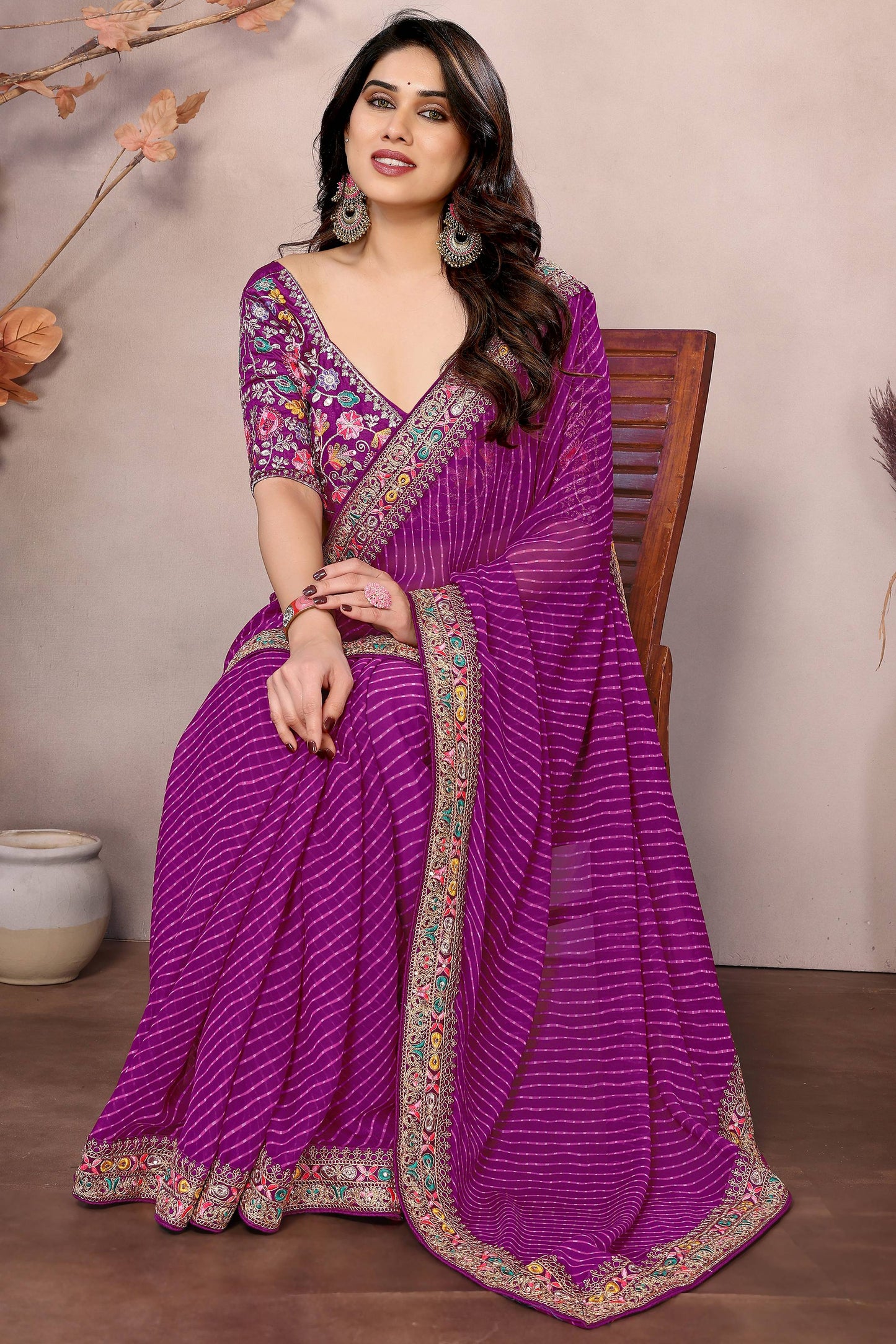 Glamorous Purple Leheriya Printed Georgette Traditional Saree