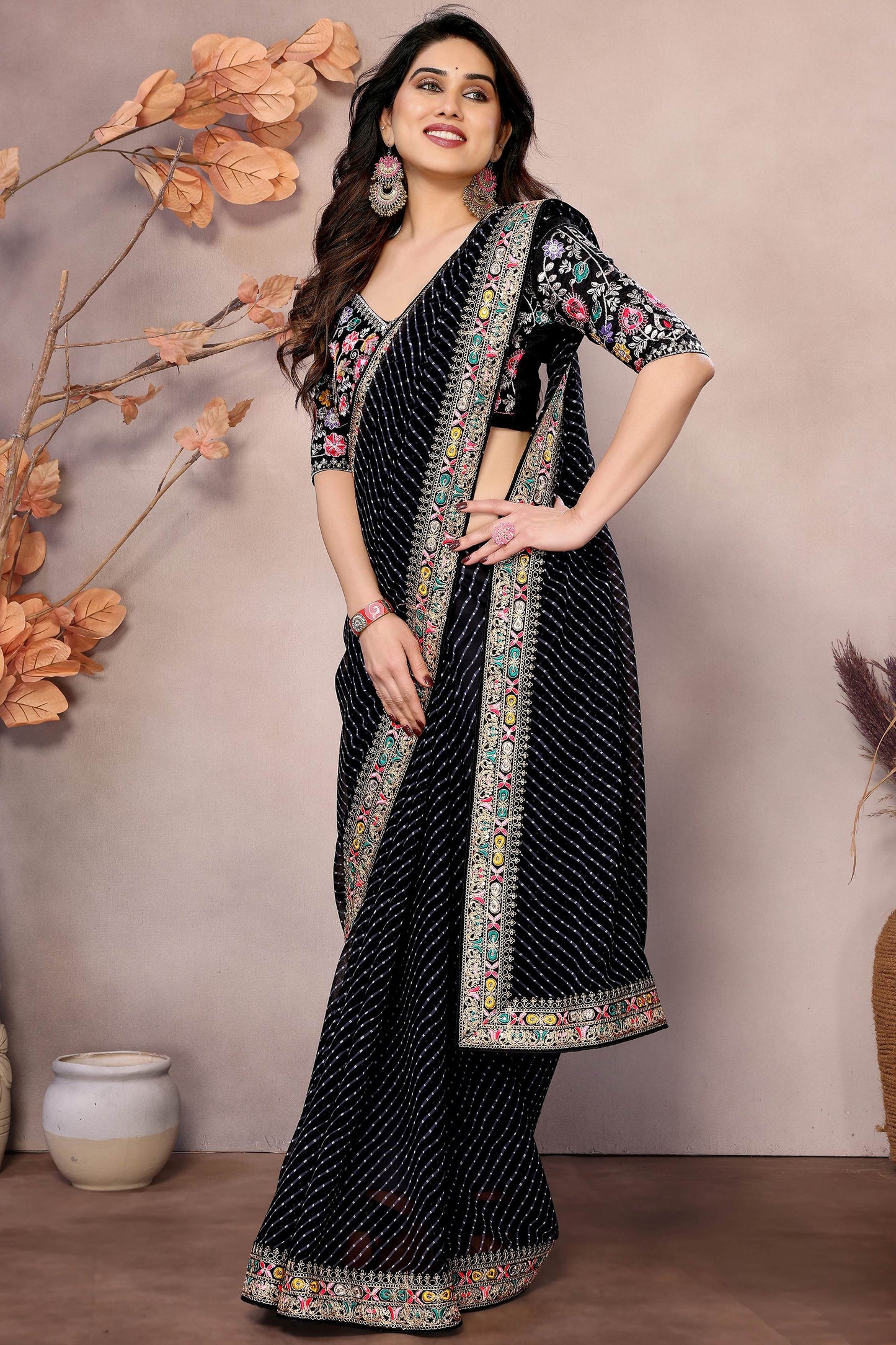 Trendy Black Leheriya Printed Georgette Party Wear Saree With Blouse