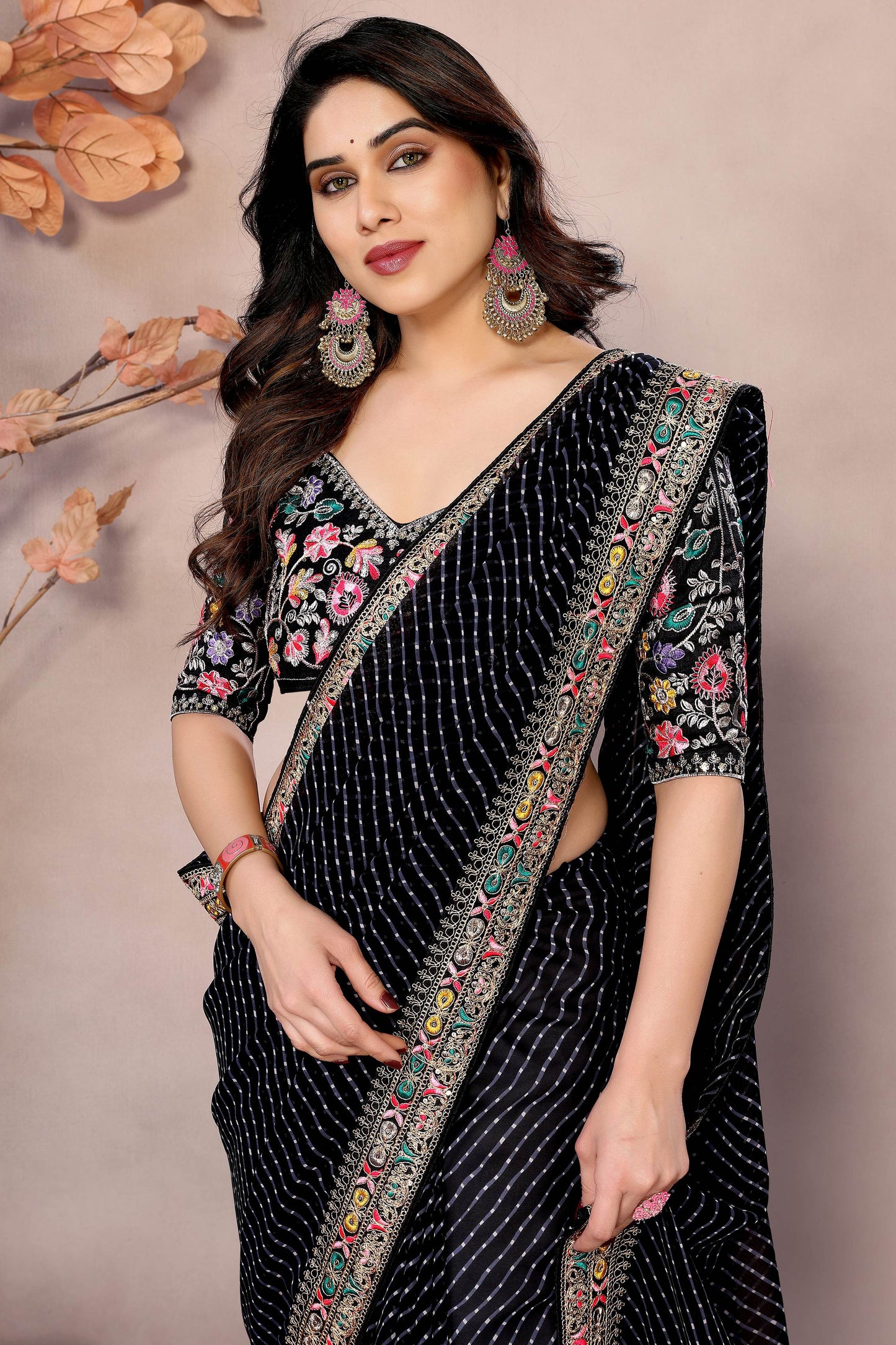 Trendy Black Leheriya Printed Georgette Party Wear Saree With Blouse
