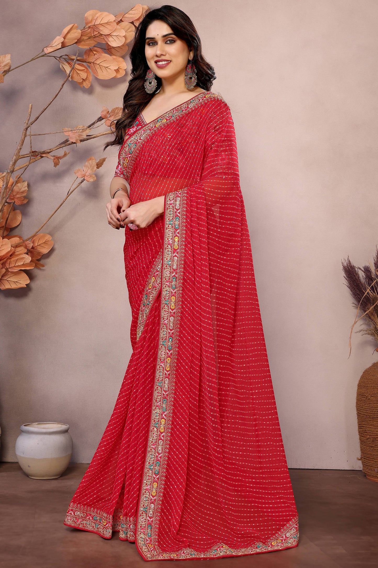 Graceful Red Embroidered Georgette Festival Wear Saree With Blouse