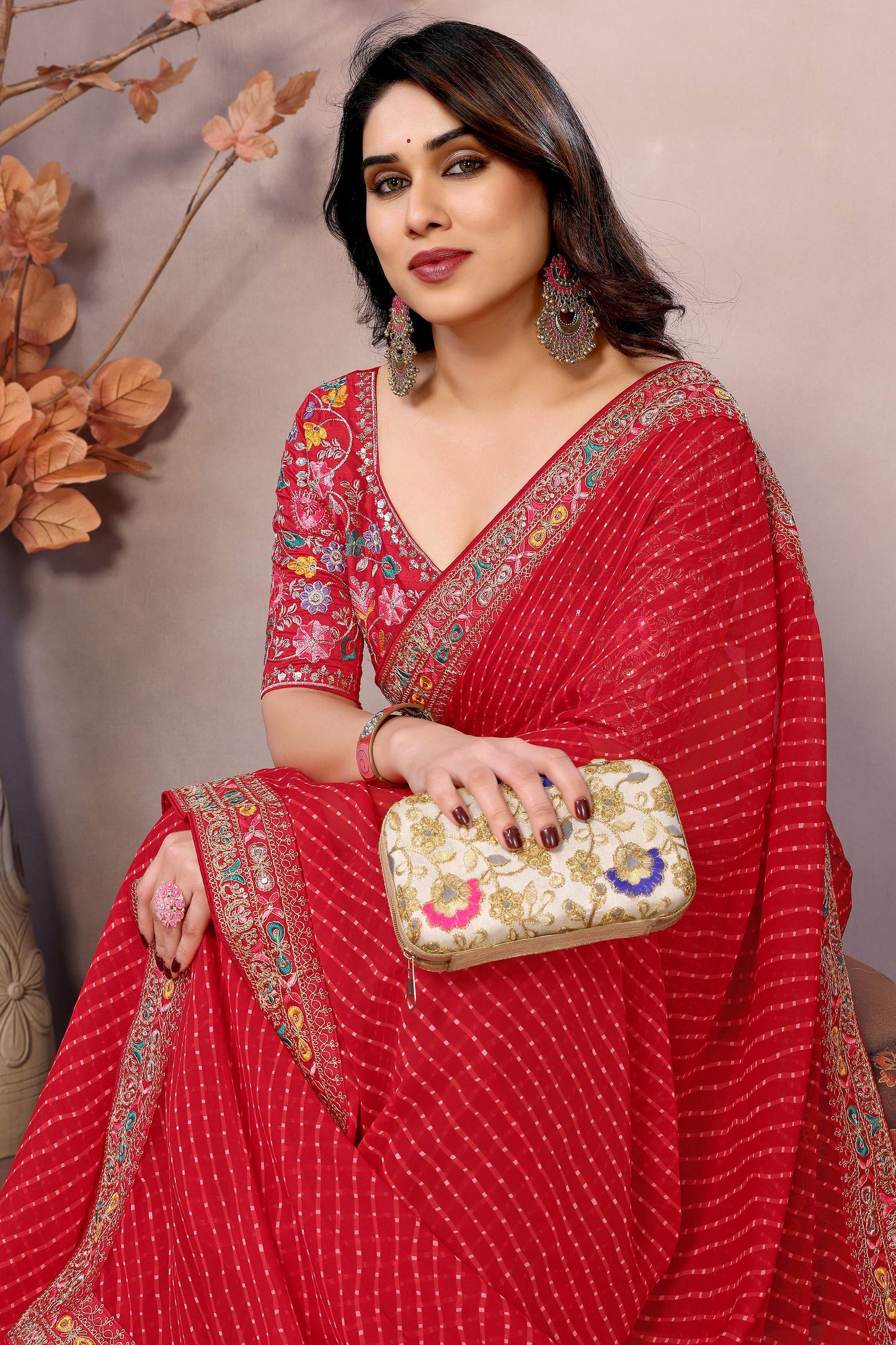 Graceful Red Embroidered Georgette Festival Wear Saree With Blouse