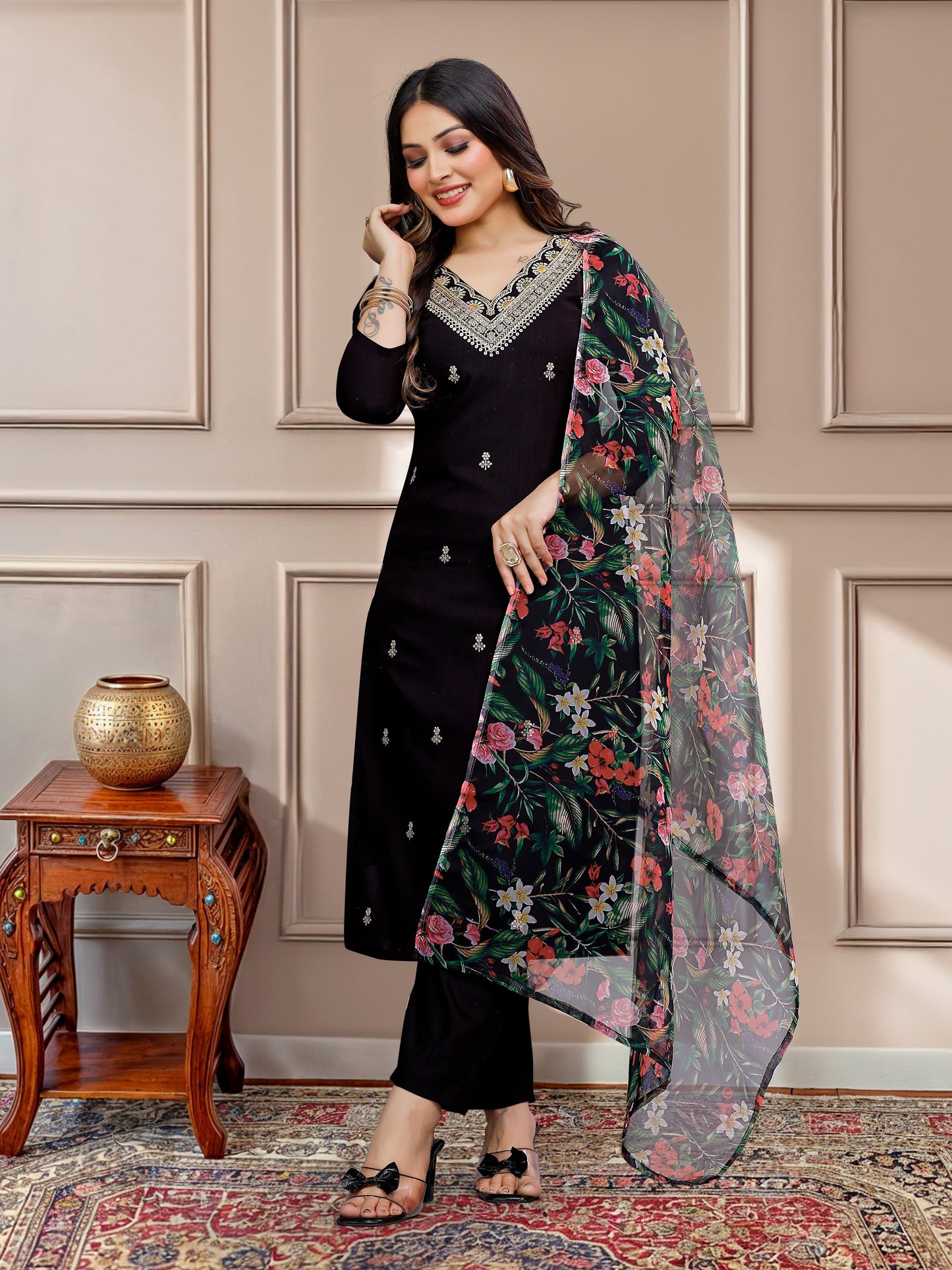 Alluring Black Embroidered Cotton Traditional Pant Suit