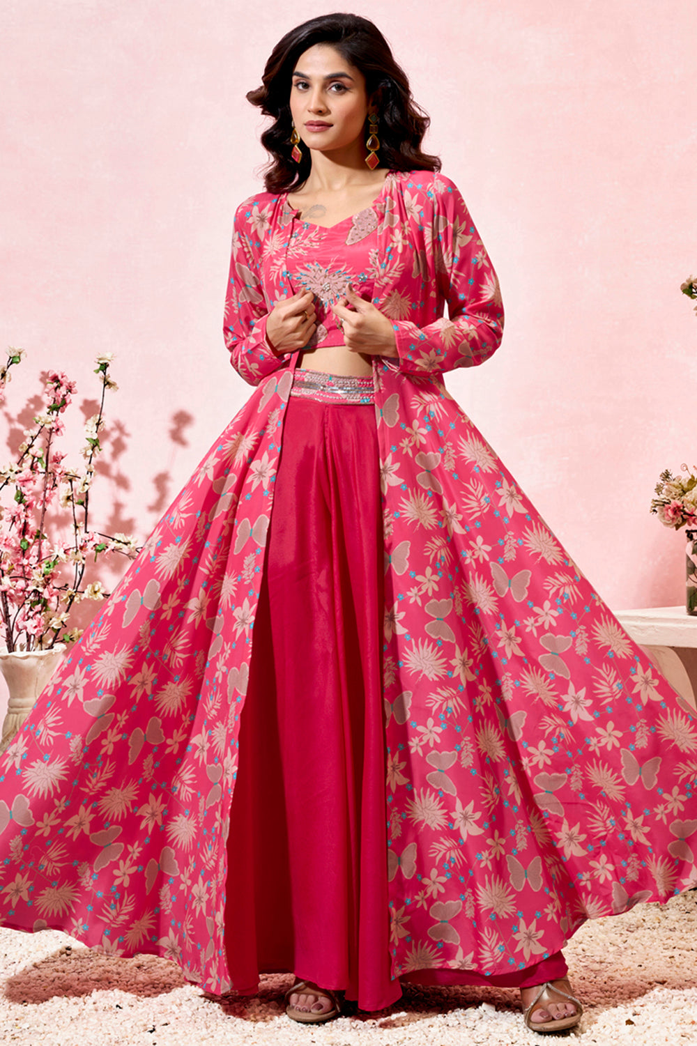 Amazing Pink Printed Crepe Event Wear Crop Top Palazzo With Shrug