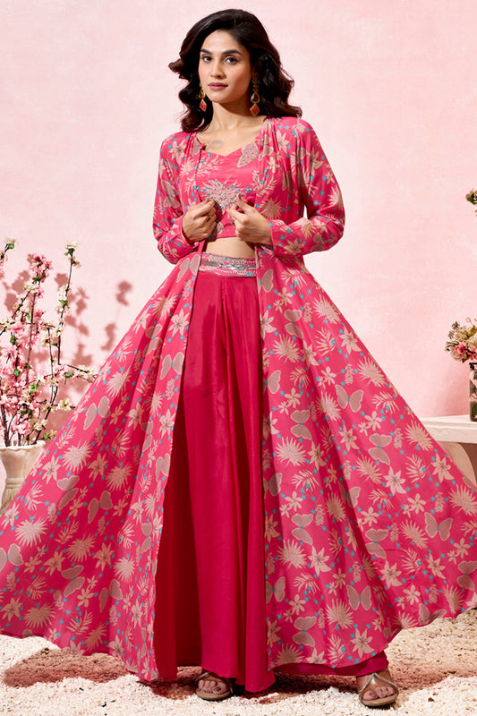 Amazing Pink Printed Crepe Event Wear Crop Top Palazzo With Shrug