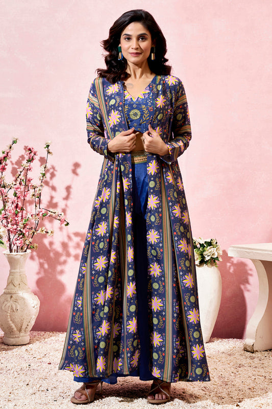 Fabulous Blue Printed Crepe Designer Crop Top Palazzo With Shrug