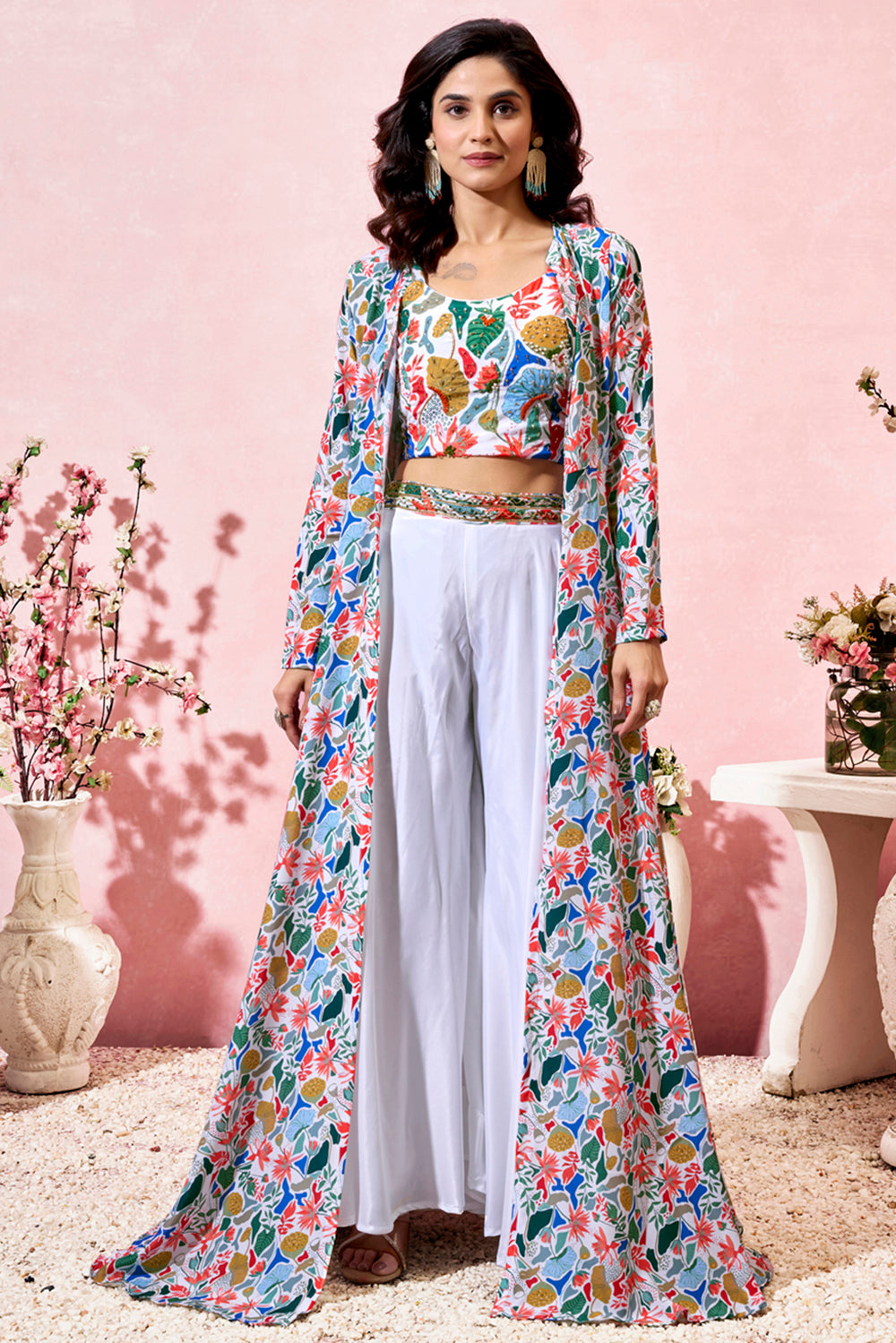 Ravishing White Printed Crepe Party Wear Crop Top Palazzo With Shrug