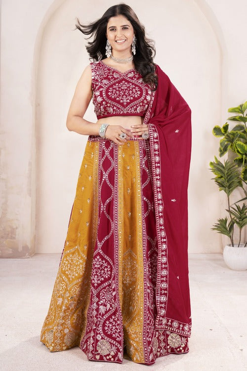 Lavish Red & Yellow Embroidery Silk Wedding Lehenga Choli With Dupatta