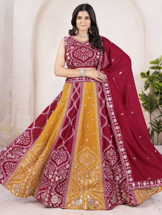 Lavish Red & Yellow Embroidery Silk Wedding Lehenga Choli With Dupatta