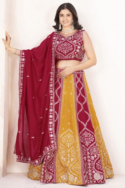 Lavish Red & Yellow Embroidery Silk Wedding Lehenga Choli With Dupatta