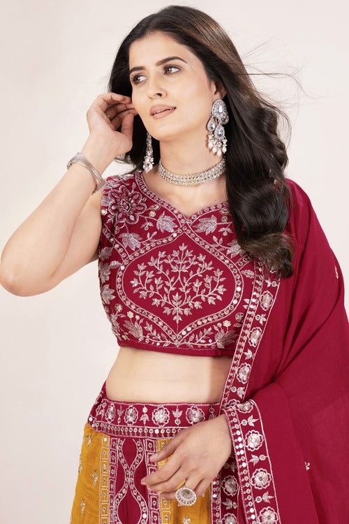 Lavish Red & Yellow Embroidery Silk Wedding Lehenga Choli With Dupatta