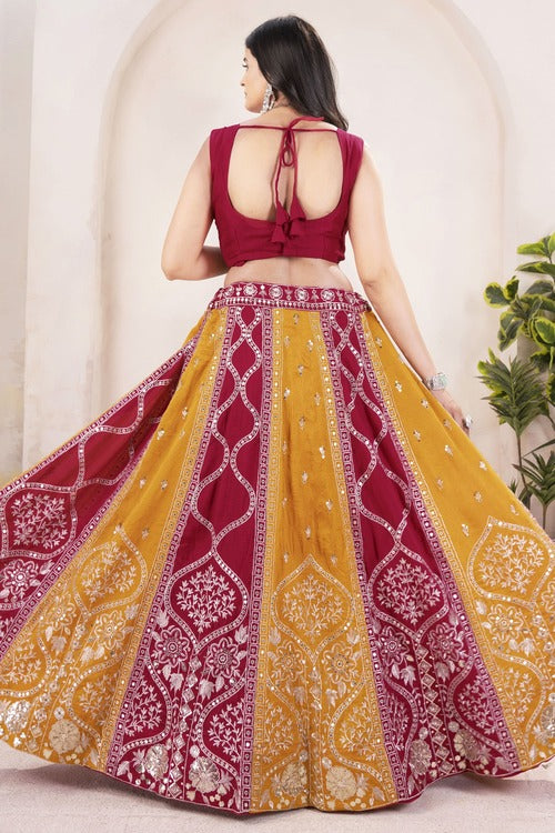 Lavish Red & Yellow Embroidery Silk Wedding Lehenga Choli With Dupatta