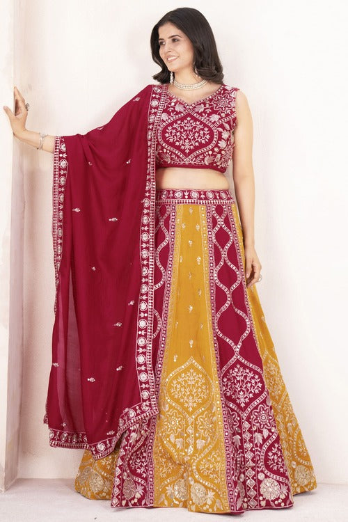 Lavish Red & Yellow Embroidery Silk Wedding Lehenga Choli With Dupatta