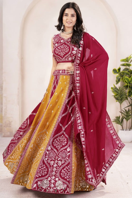 Lavish Red & Yellow Embroidery Silk Wedding Lehenga Choli With Dupatta