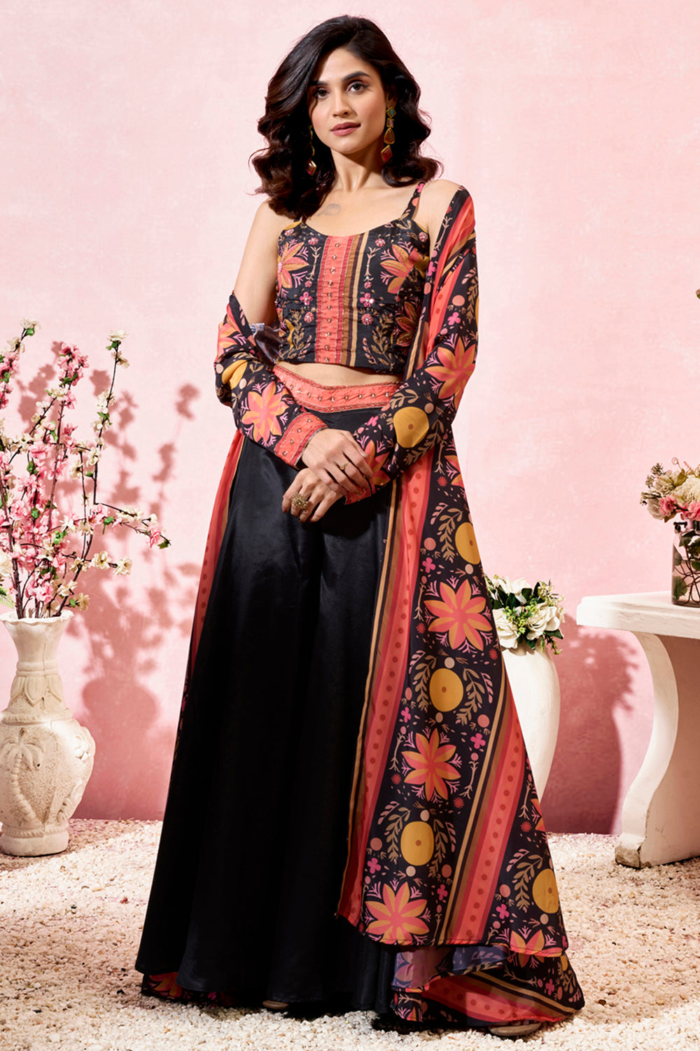 Special Black Printed Crepe Party Wear Crop Top Palazzo With Shrug