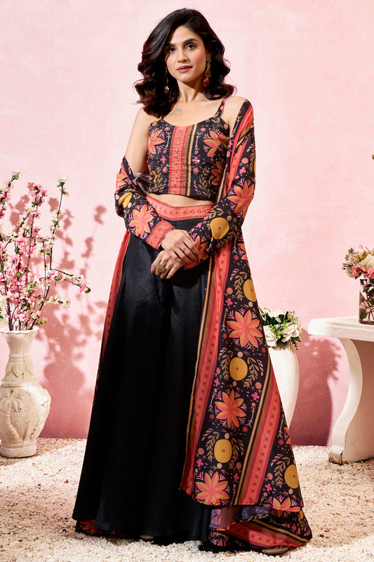 Special Black Printed Crepe Party Wear Crop Top Palazzo With Shrug