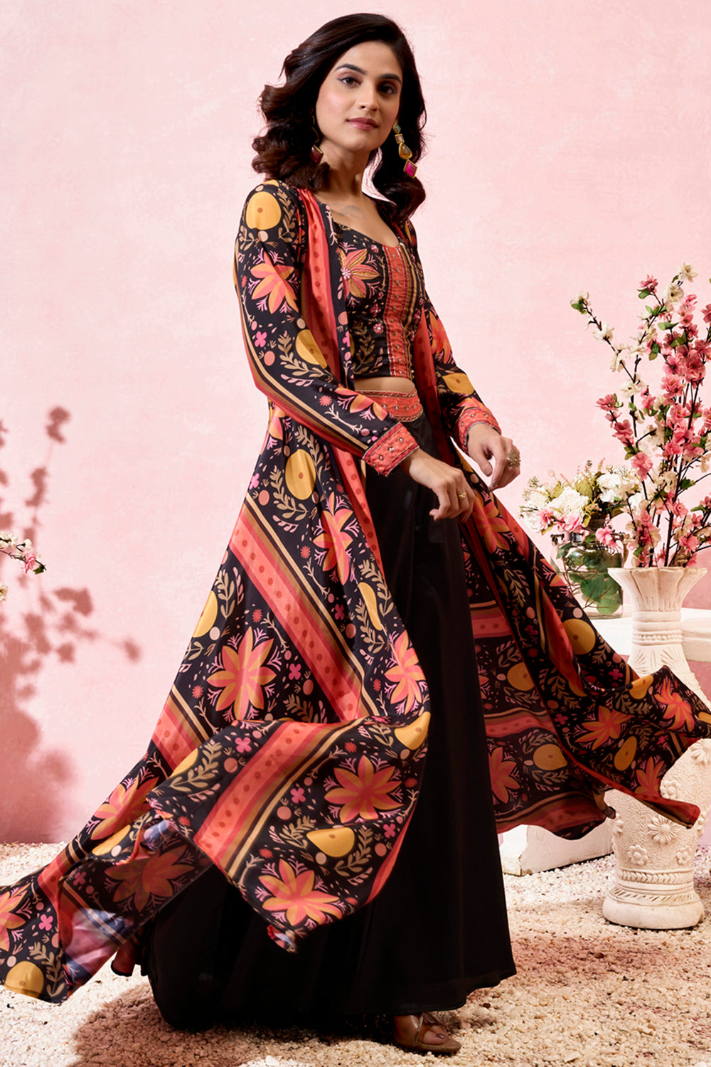 Special Black Printed Crepe Party Wear Crop Top Palazzo With Shrug