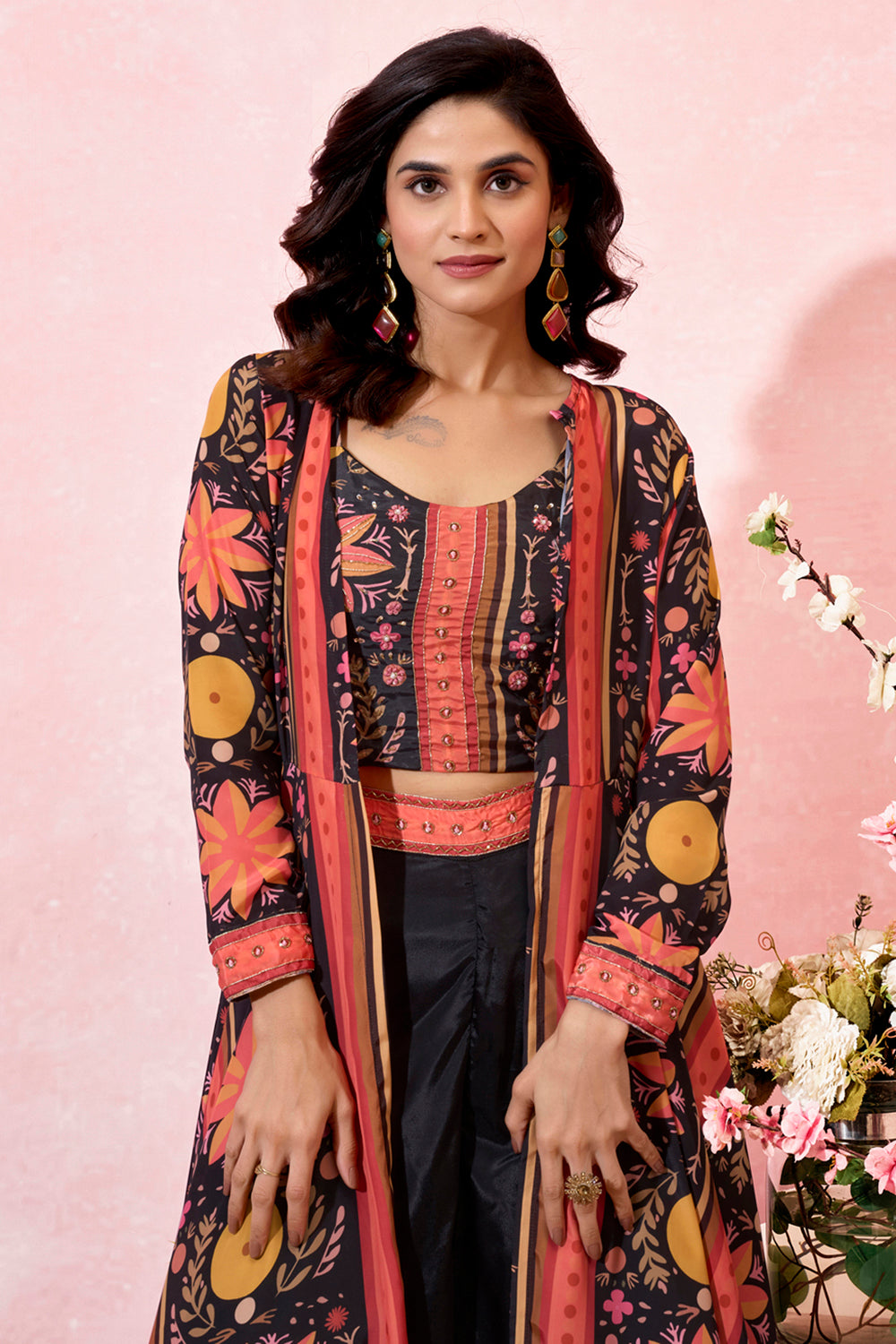 Special Black Printed Crepe Party Wear Crop Top Palazzo With Shrug