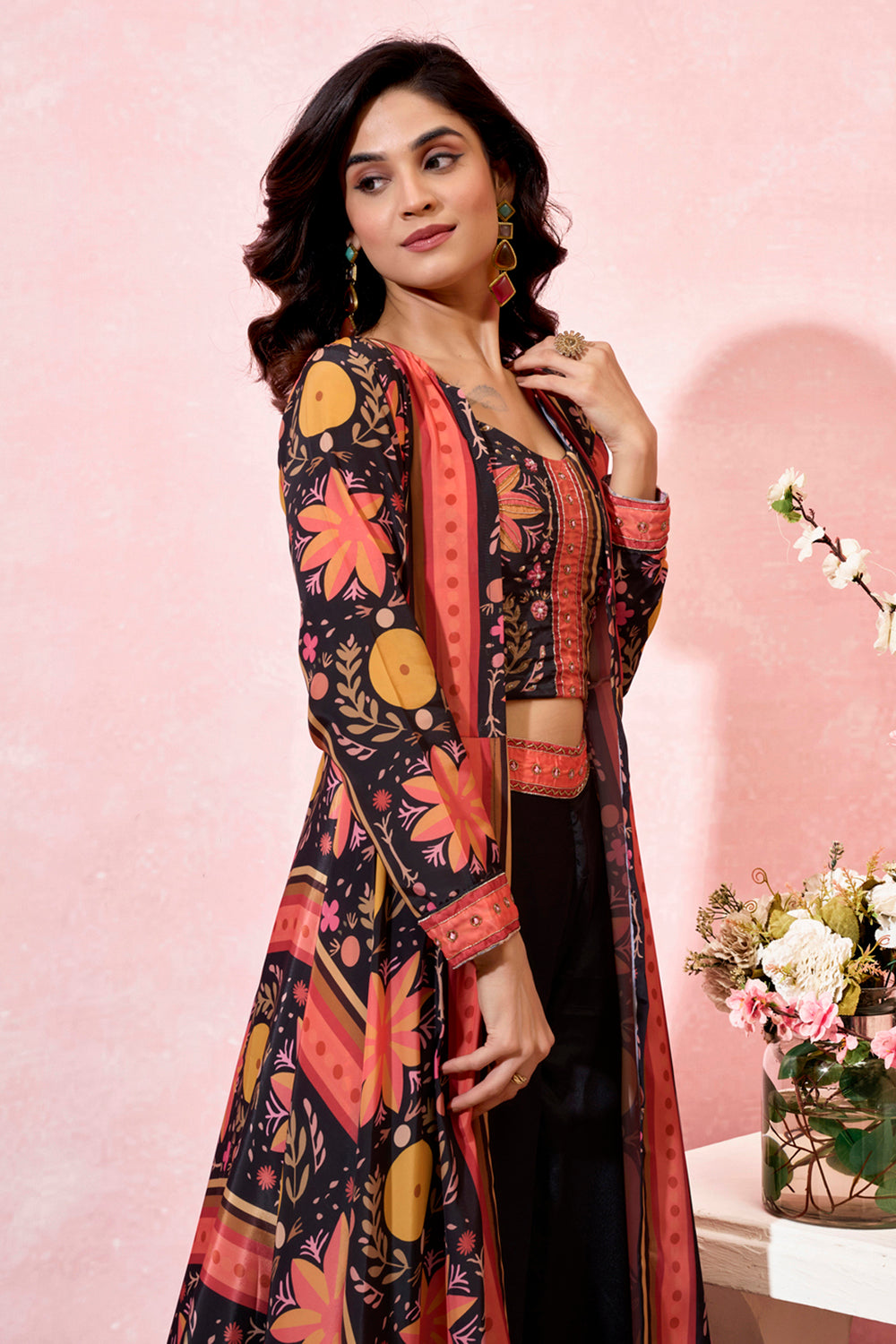 Special Black Printed Crepe Party Wear Crop Top Palazzo With Shrug
