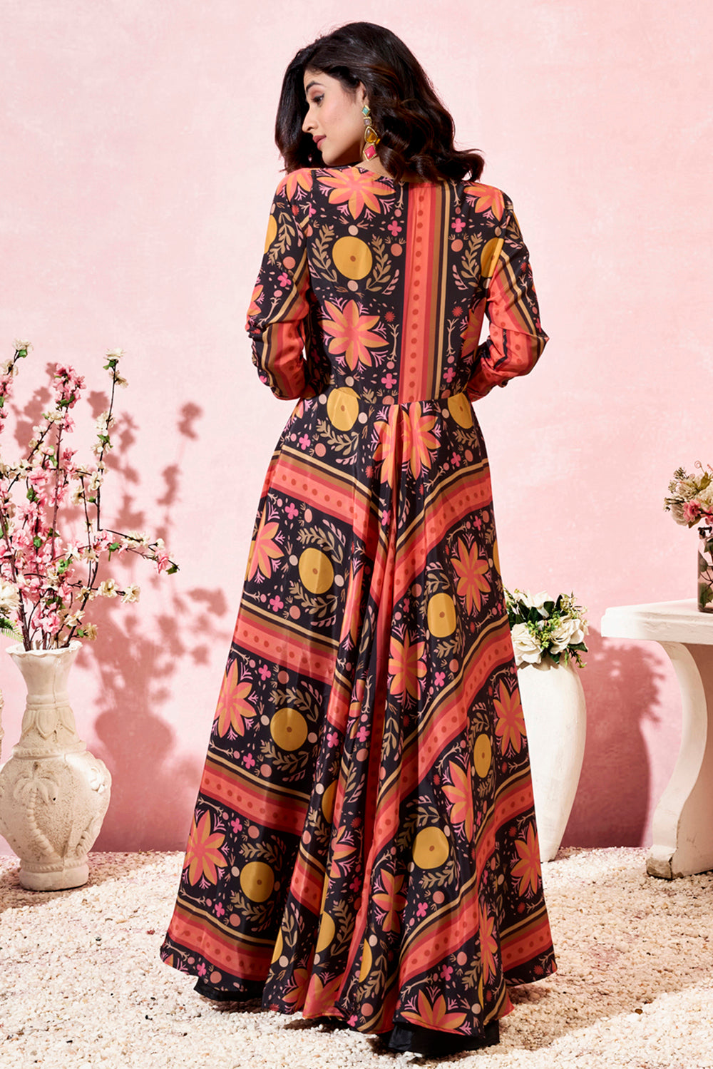 Special Black Printed Crepe Party Wear Crop Top Palazzo With Shrug