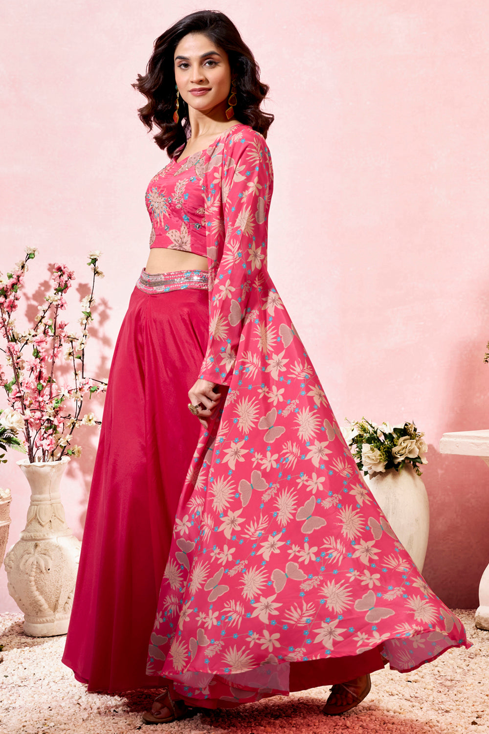 Amazing Pink Printed Crepe Event Wear Crop Top Palazzo With Shrug