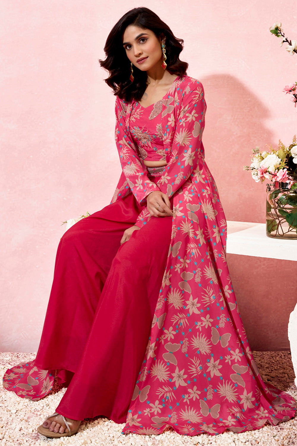 Amazing Pink Printed Crepe Event Wear Crop Top Palazzo With Shrug