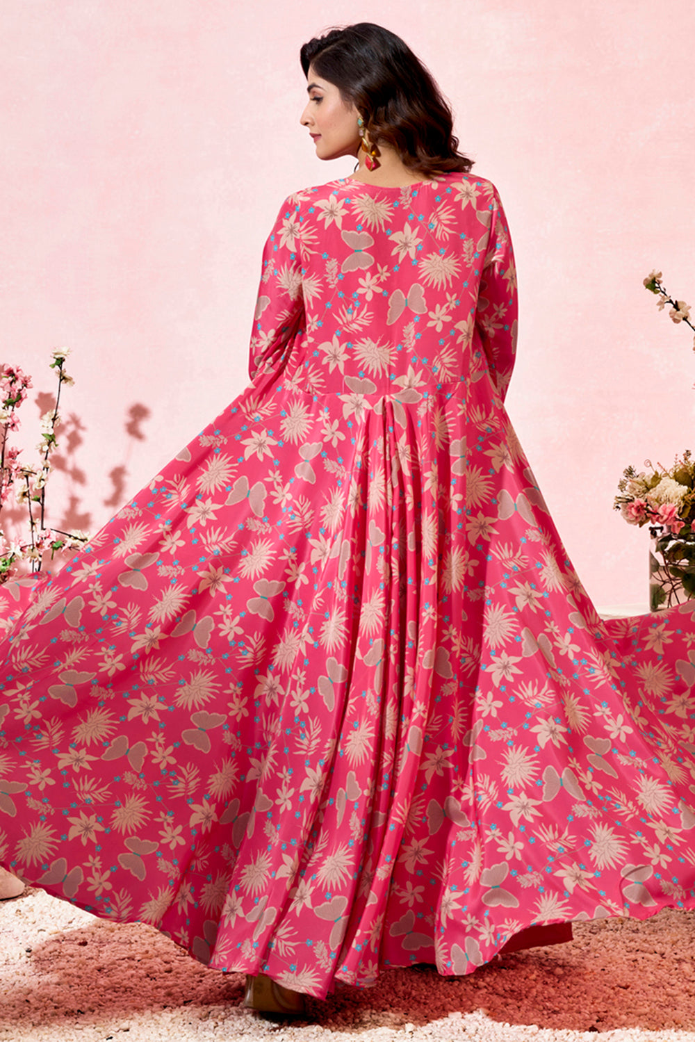 Amazing Pink Printed Crepe Event Wear Crop Top Palazzo With Shrug