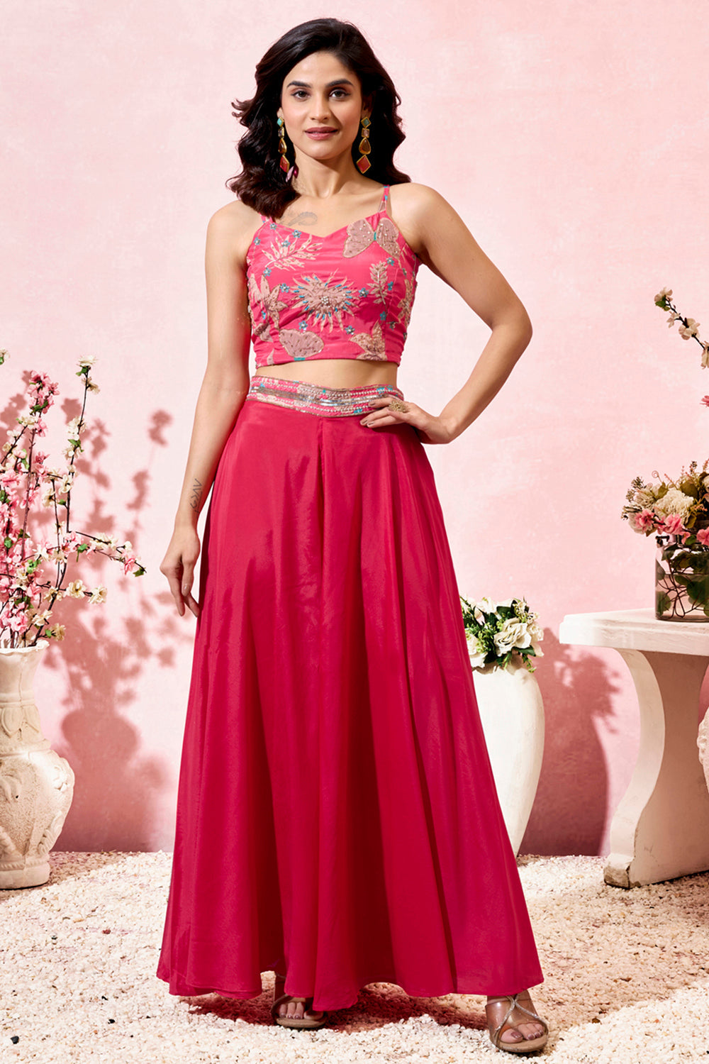 Amazing Pink Printed Crepe Event Wear Crop Top Palazzo With Shrug