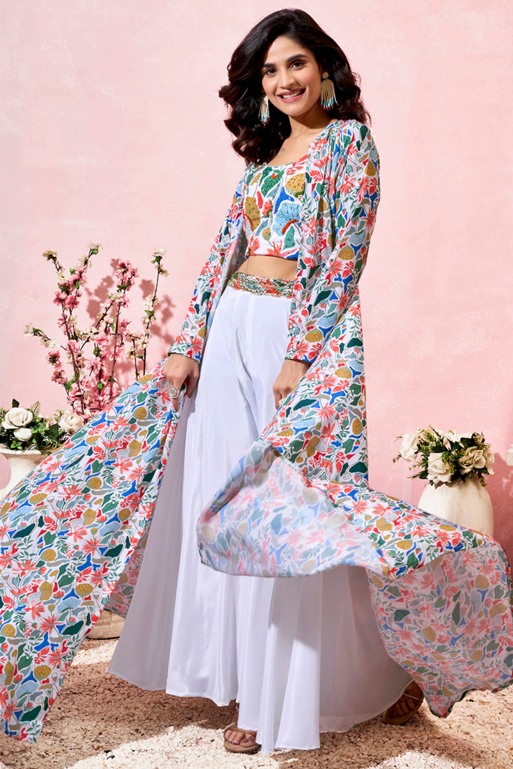 Ravishing White Printed Crepe Party Wear Crop Top Palazzo With Shrug