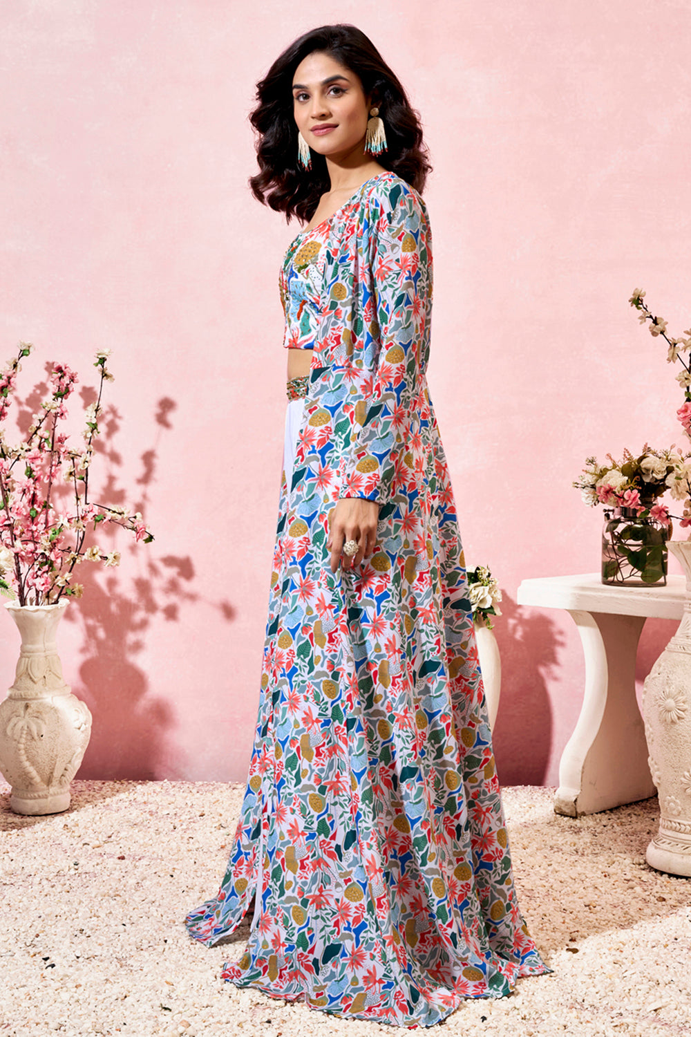 Ravishing White Printed Crepe Party Wear Crop Top Palazzo With Shrug