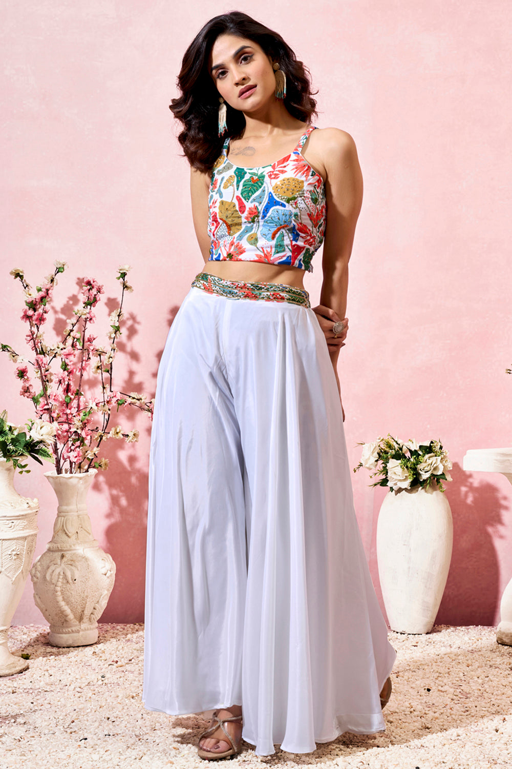Ravishing White Printed Crepe Party Wear Crop Top Palazzo With Shrug