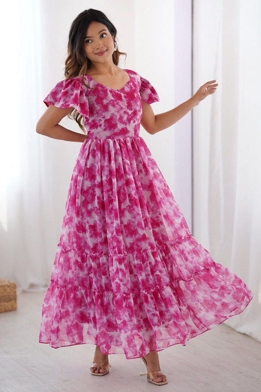 Amazing Rani Pink Printed Georgette Casual Wear Dress
