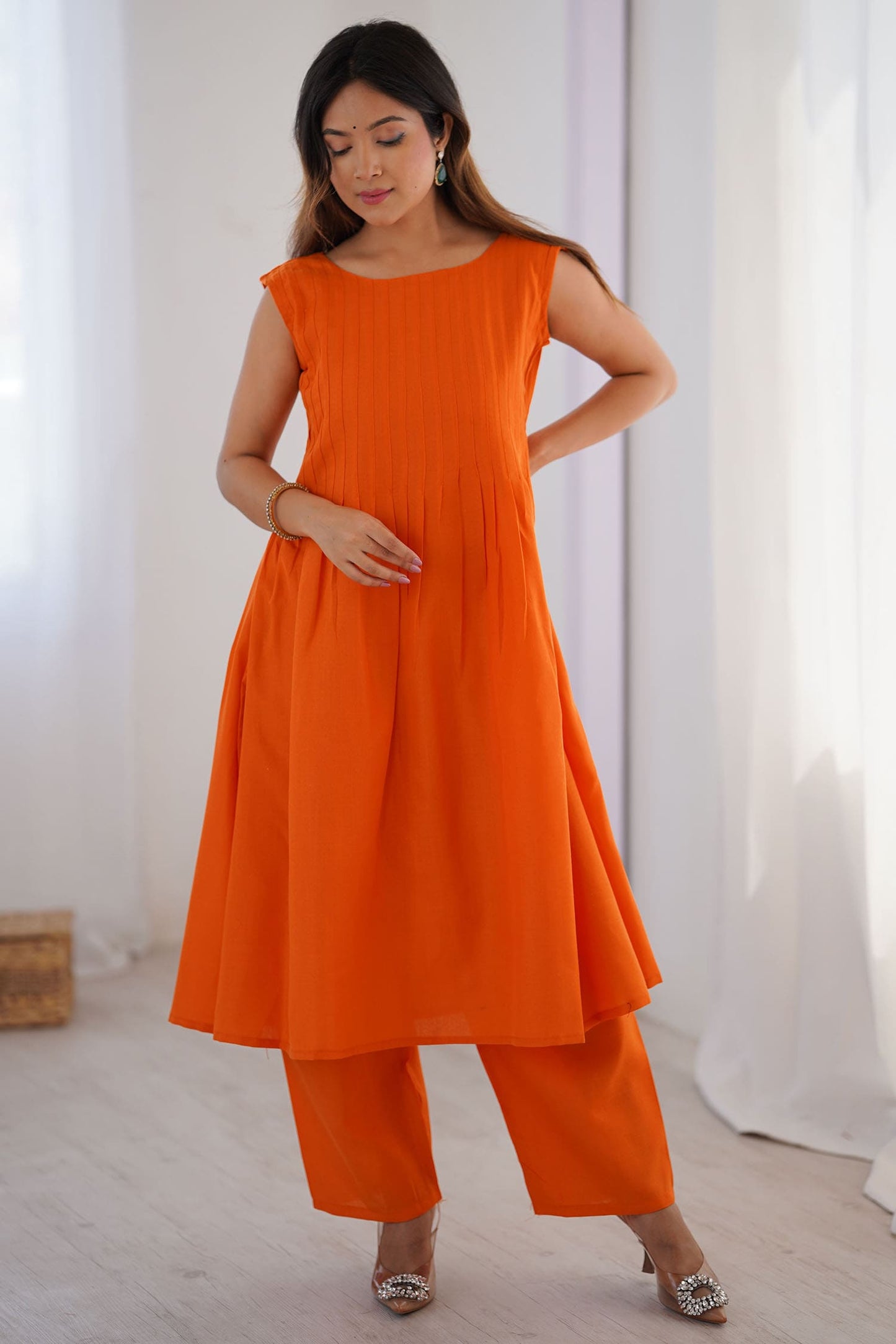 Glamorous Orange Plain Cotton Casual Wear Co-Ord Set
