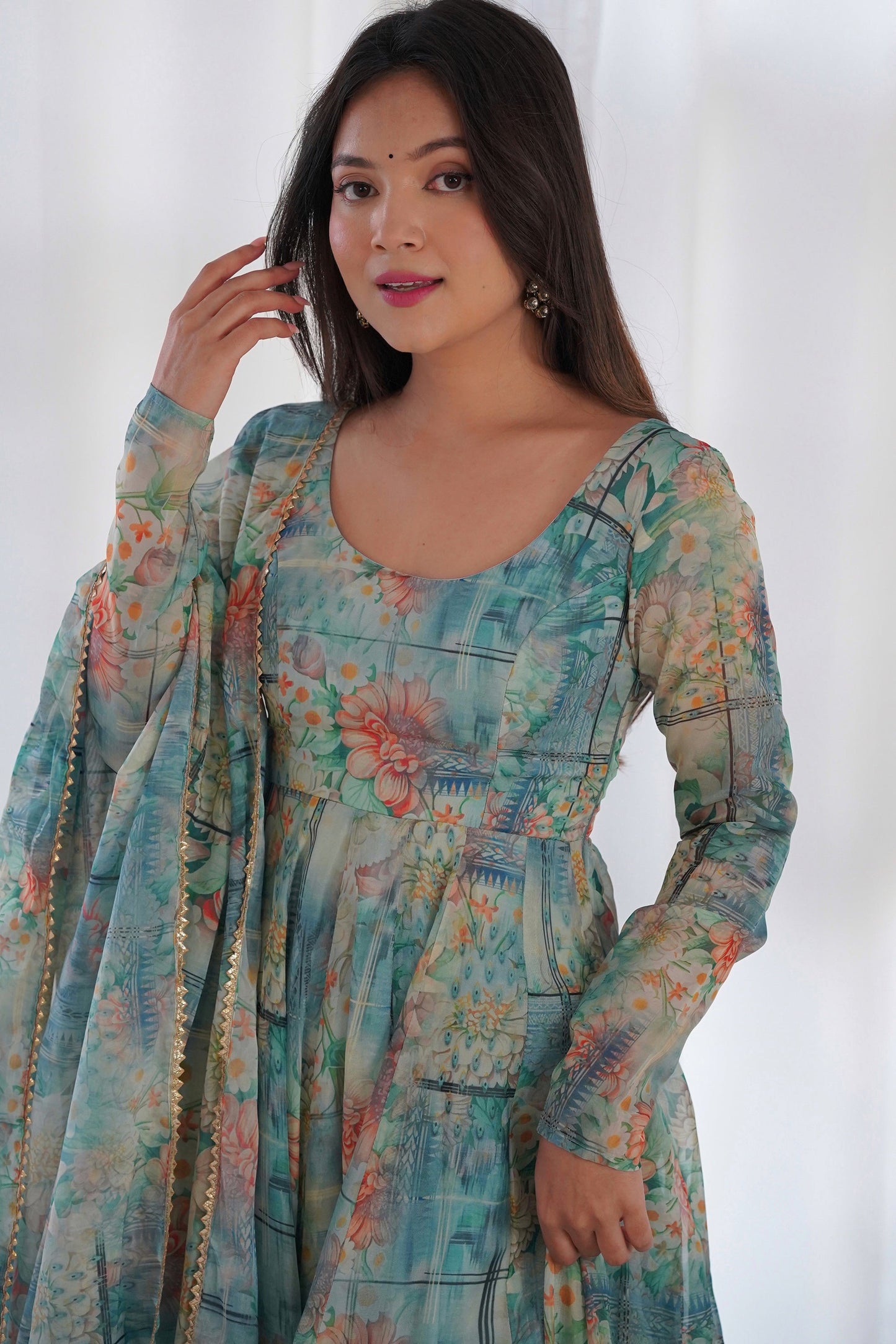 Gorgeous Multi-Color Floral Printed Georgette Anarkali Pant Suit