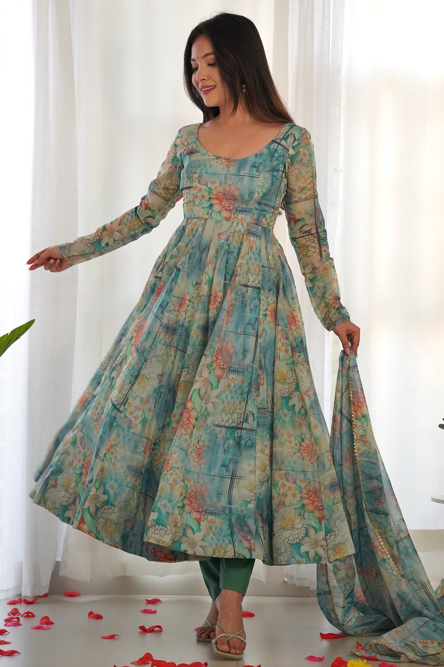 Gorgeous Multi-Color Floral Printed Georgette Anarkali Pant Suit