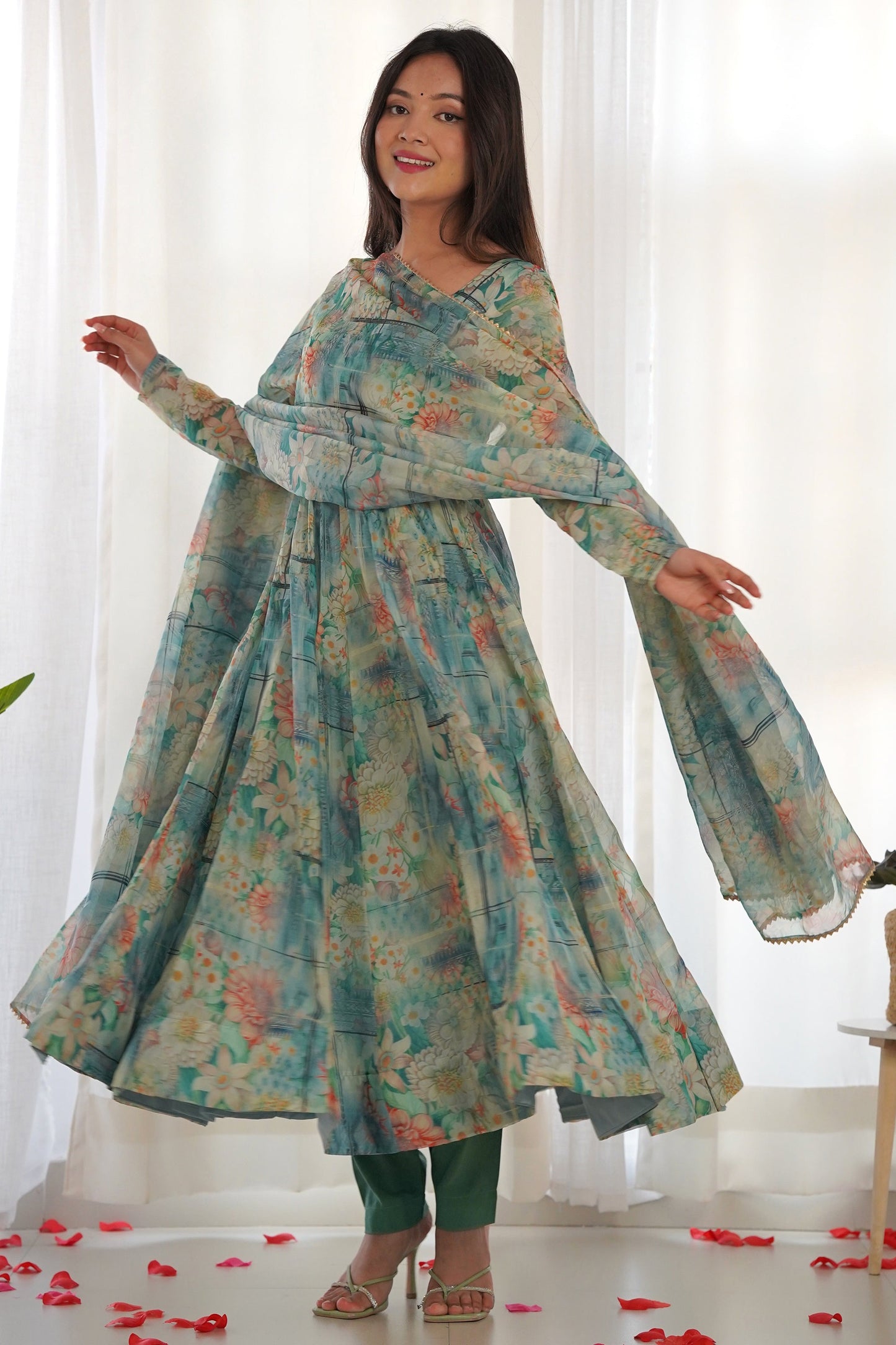Gorgeous Multi-Color Floral Printed Georgette Anarkali Pant Suit