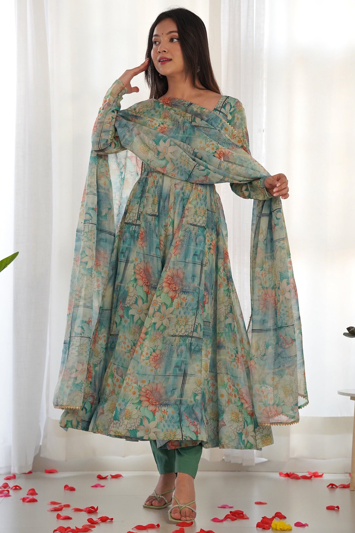 Gorgeous Multi-Color Floral Printed Georgette Anarkali Pant Suit