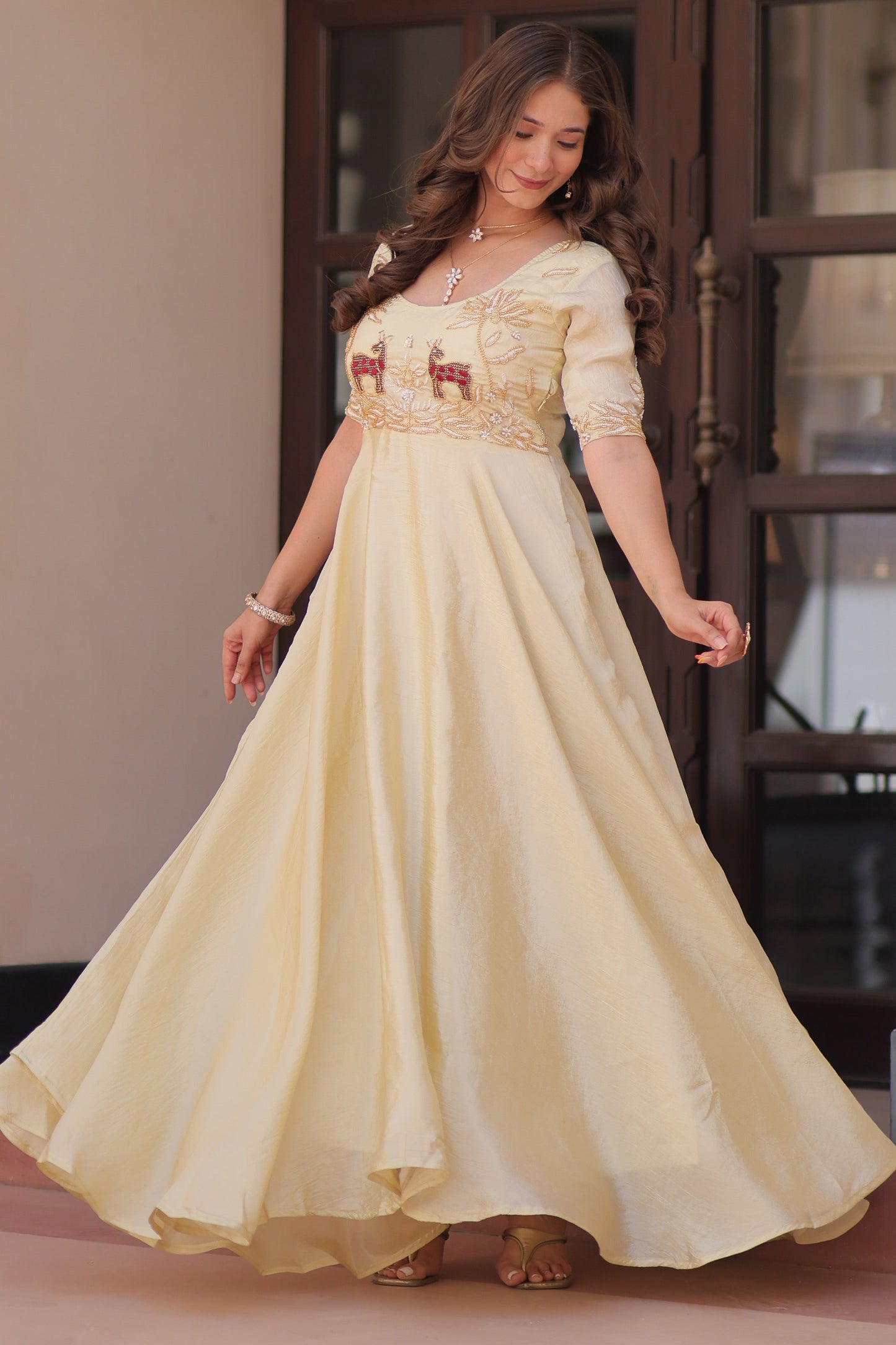 Stunning Cream Beads Work Organza Event Wear Gown