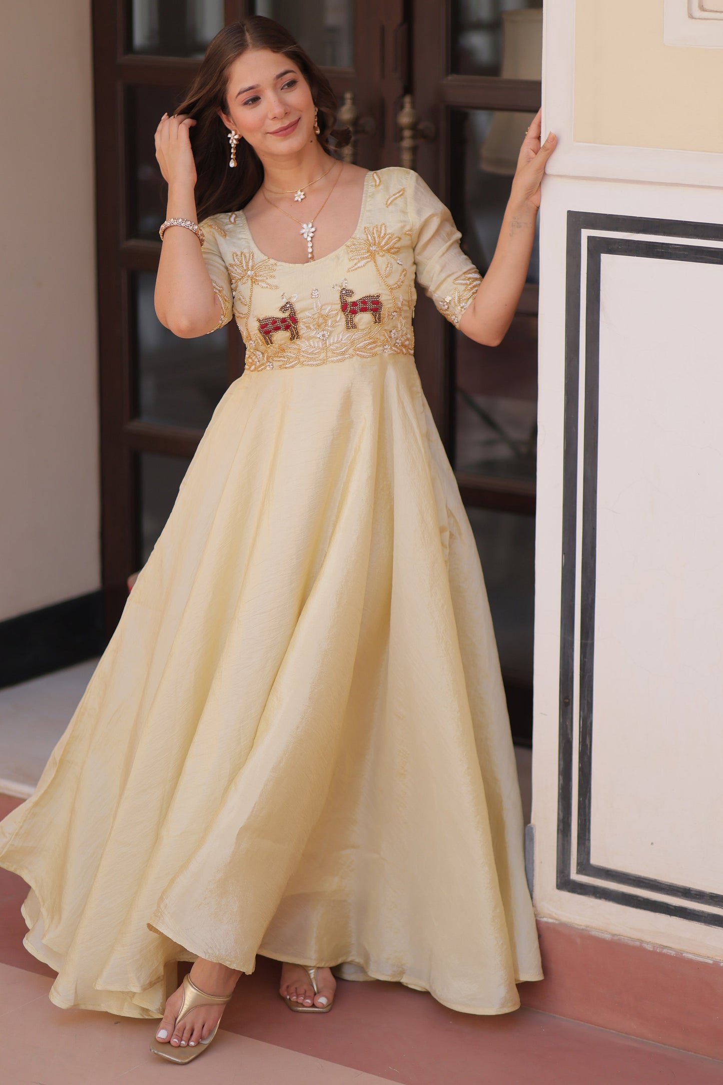 Stunning Cream Beads Work Organza Event Wear Gown