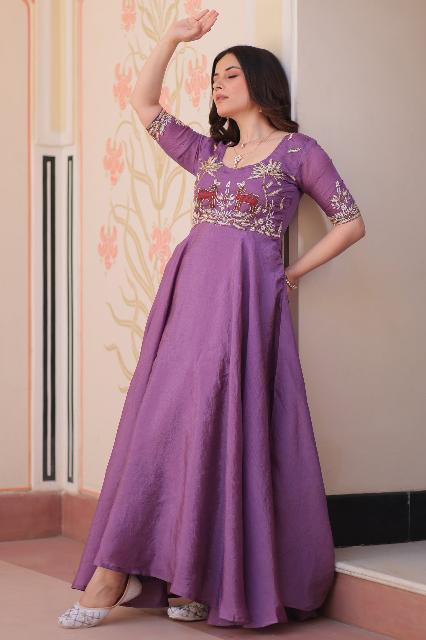 Captivating Purple Beads Work Organza Festival Wear Gown